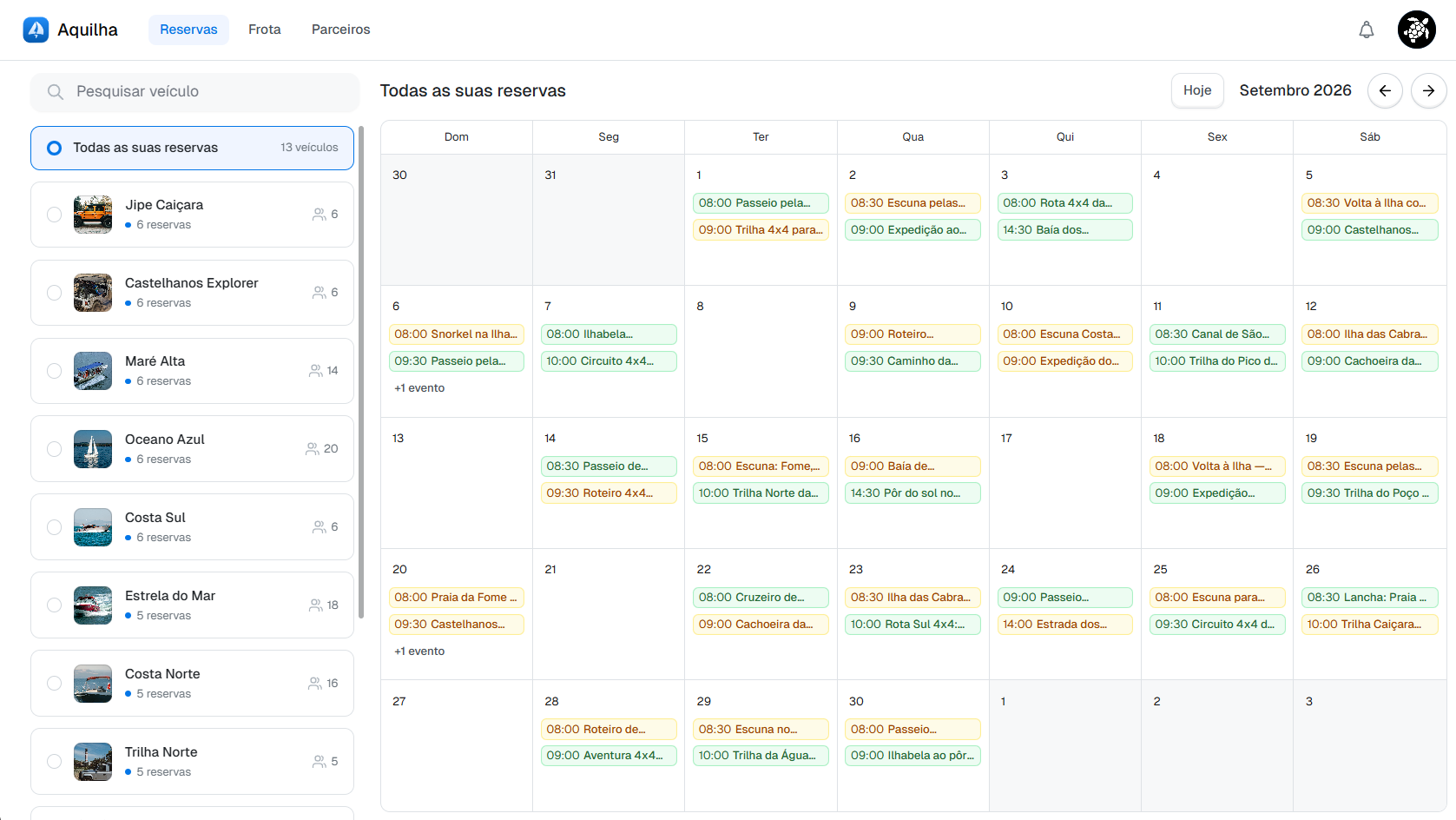 Tela de calendário de reservas do Aquilha